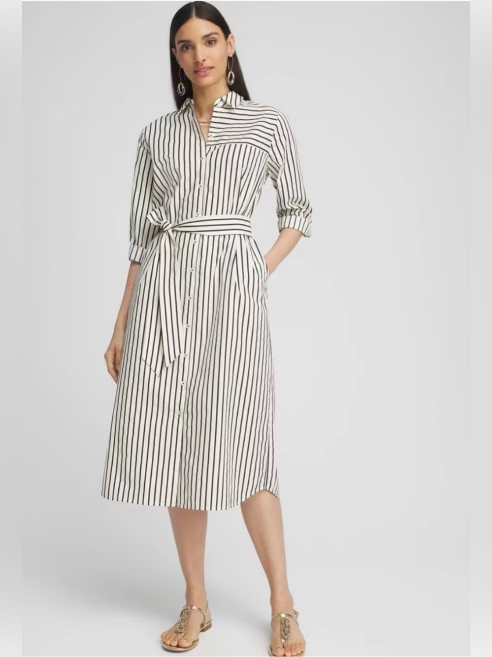 Chico's White and Black Vertical-Stripe Midi Shirt Dress Size 00/2